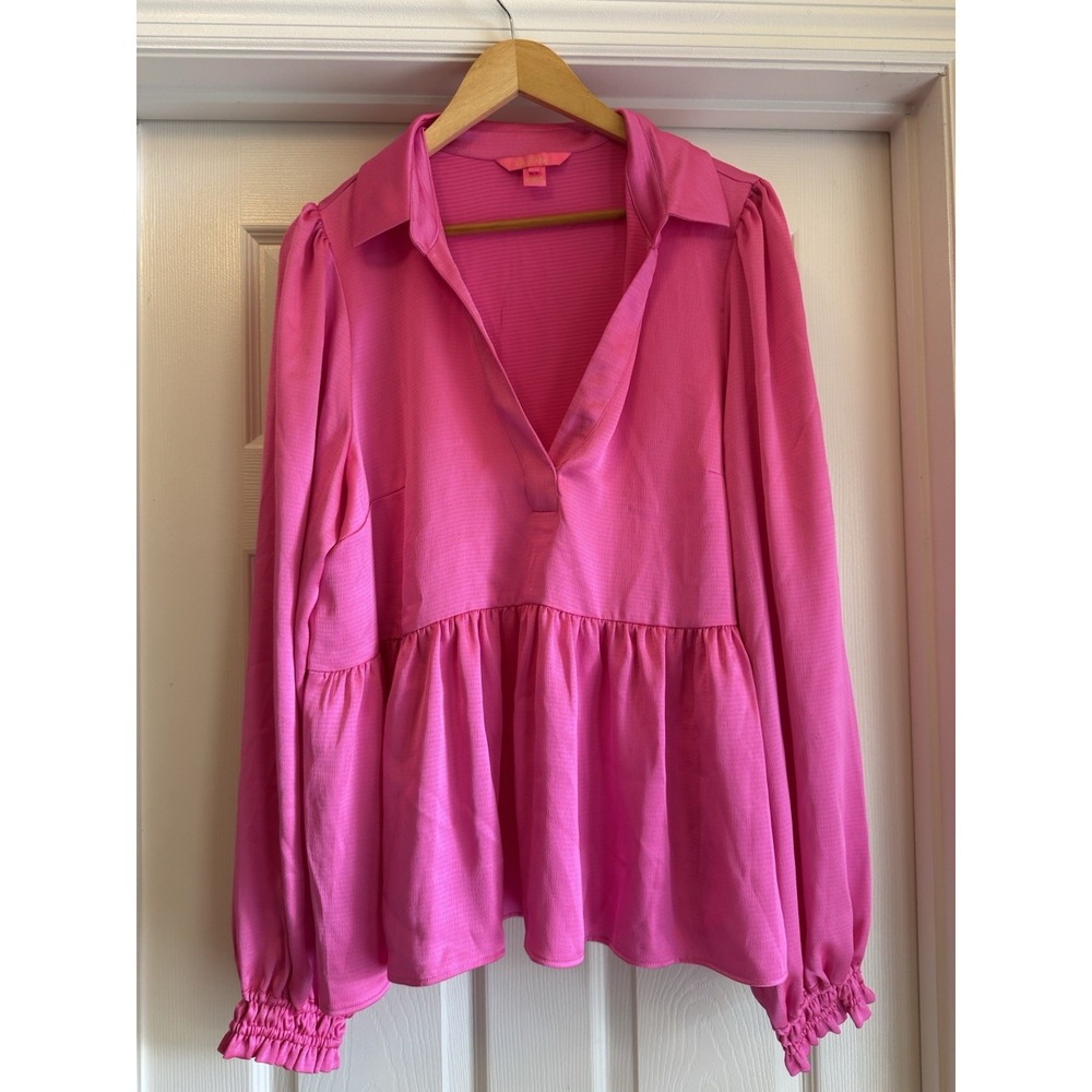 Lilly Pulitzer Peplum Blouse Womens 16 Pink Long Sleeve Smocked Cuff Top 013965